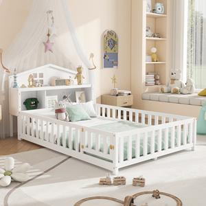 Cama Montessori de Madera Maciza Tamaño Completo con Pizarras, Barandillas, Estanterías, Plataforma de Almacenamiento y Cabecero para Niños y Adolescentes, Blanca - Product Image 1