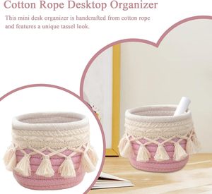 <span class=keywords><strong>Cesta</strong></span> de Almacenamiento Pequeña de Macramé, Organizador Tejido a Mano con Cuerda de Algodón para Decoración de Escritorio, Porta Brochas de Maquillaje con Borlas - Product Image 4