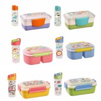 Boîte à lunch rectangulaire à double étage en plastique pour enfants, avec motif de dessin animé, ensemble bouteille d'eau et cuillère, portable, compatible micro-ondes