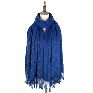 Winter hot selling new solid color pearl hot diamond craft casual women's scarf decorative fashion tassel shawl scarf