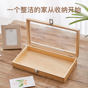 Wooden Flip Top Transparent <b>Box</b> Pine Rectangle <b>Lockable</b> Jewelry Watch Eyewear Packaging <b>Storage</b> Display Case - Product Image 2