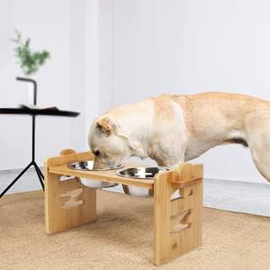 Bols pour chiens surélevés, bol d'eau pour bouledogue français incliné et surélevé, station d'alimentation pour animaux de compagnie en bambou incliné - Product Image 2