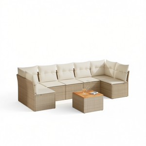 Ensemble de canapés de jardin en rotin beige crème avec coussins en mousse haute densité, mobilier d'extérieur au design contemporain, résistant à l'eau et aux UV - Product Image 1
