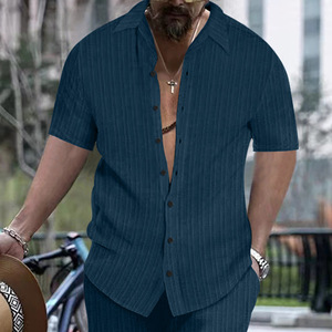 Fashion Men's Striped Jacquard Solid Color Casual Shirt Comfortable Loose Short Sleeve Hawaiian Shirt - Product Image 4