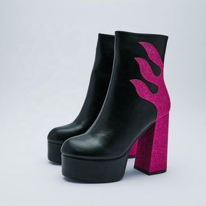Glitter Fire Patchwork Round Toe Women <b>Platform</b> Short <b>Boots</b> Side Zipper Women Ankle Booties High Chunky Heels Shoes Customized - Product Image 5