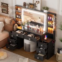 Table de maquillage de luxe moderne pour chambre à coucher avec miroir LED et tiroir lumineux, coiffeuse pour chambre