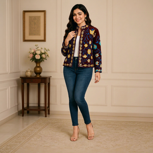 Elegante Chaqueta de Terciopelo Bordada con Cuello Mao y Estampado Floral, Chaqueta Corta de Otoño para Mujer, Manga Larga, Material de Poliéster - Product Image 1