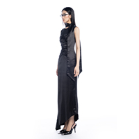Robe de soirée noire élégante et sexy à col rond, moulante, longueur thé, en satin froncé, style Fatale, pour femme vietnamienne