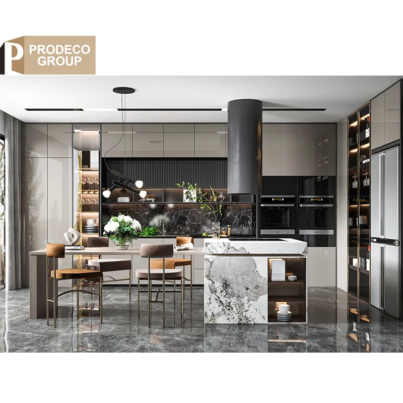 Furnitur Prodeco March Expo 2024 ide desain lemari dapur kota Foshan abu-abu untuk proyek