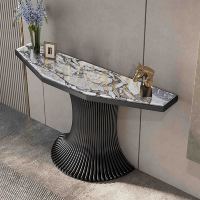 Table console d'entrée de luxe en marbre, table de couloir classique en verre courbé transparent, table de présentation moderne pour hall d'entrée