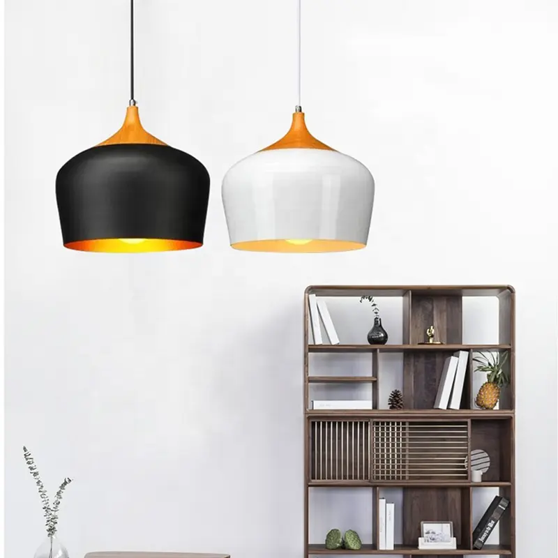 Moderne Hanglamp Armatuur Black Metal Lampenkap Hout Patroon Koepel Minimalistische Industriële Plafond Opknoping Licht Voor Keuken