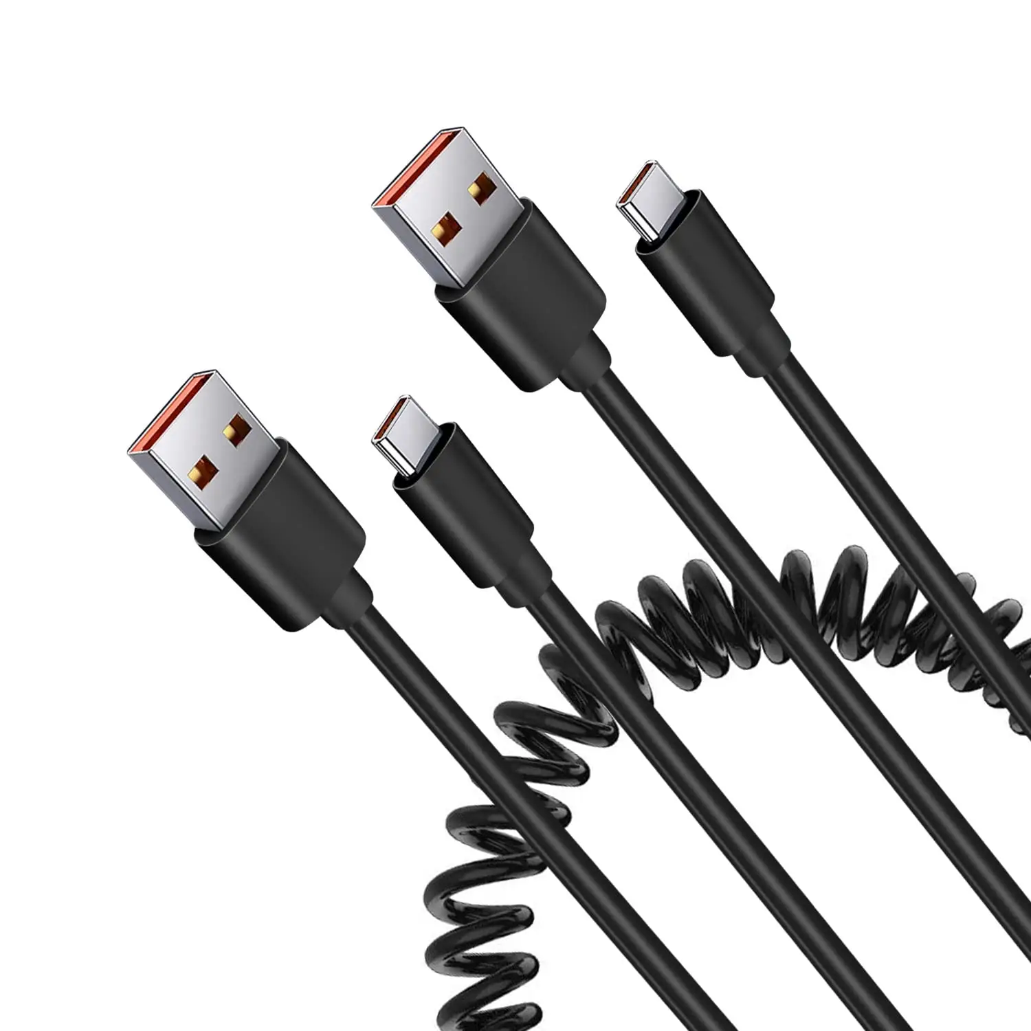 Black 1M 3A 60W USB C Cable Retractable spring USB A to C Coiled Cable Stretched to 3.3 Feet USB 2.0 Fast Charging Data Cable