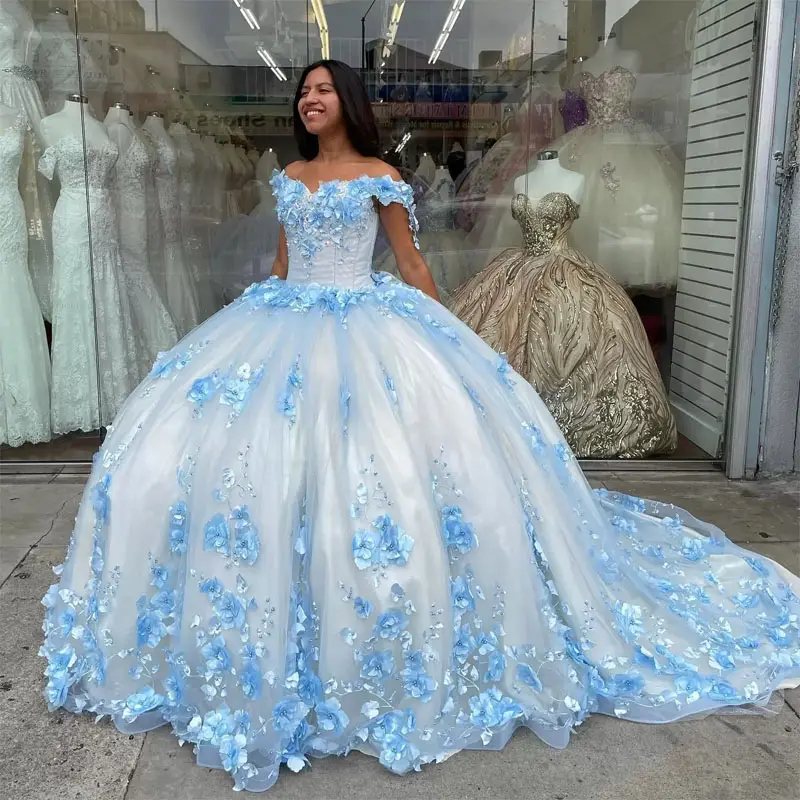 QD1613 Sky Baby Blue Princess Quinceanera Dresses with Sleeves 3D Rose Floral Beaded Long Train Lace-up Corset Prom Dress