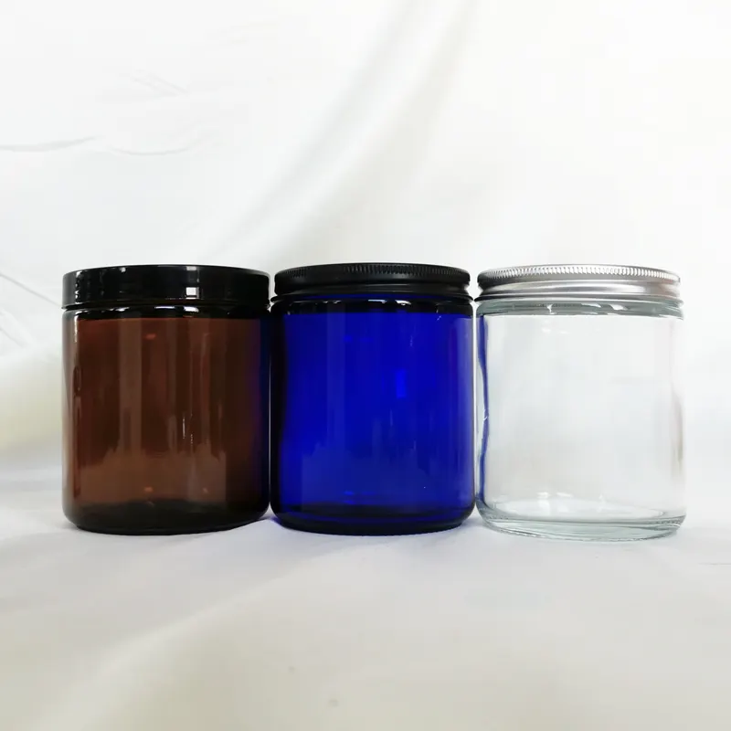 4oz 8oz Amber Clear Blue Luxury Vintage Empty Coloured Glass Candle Jars With Lid