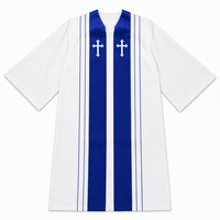 Weiße Chorrobe für Erwachsene, Langes Unisex-Zeremonienkleid mit Königsblauen Einsätzen, Weißer Lateinischer Kreuz-Stickerei und V-Ausschnitt