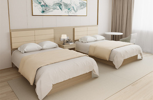 Juego de camas de hotel individuales y modernas de diseño simple con marco de madera, cabeceros tapizados, mesita de noche integrada para uso hospitalario - Product Image 3