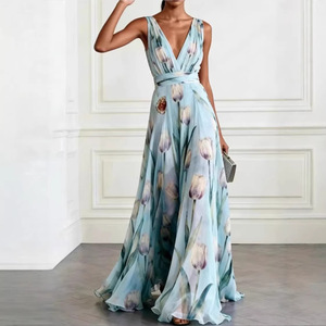 Vestido de Noche Largo con Estampado de Tulipanes Azules, Cuello en V, Sin Mangas, Cintura Natural, Cierre Frontal, Transpirable, para Banquetes - Product Image 4