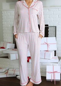 Ensemble de pyjama personnalisé pour femme, imprimé cœurs blancs, en bambou, manches longues, boutonné, micro-modal, vêtements de détente, vente en gros, VN - Product Image 4