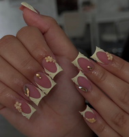 Faux ongles à presser papillon rose pailleté, couvrance totale, en acrylique, forme ovale moyenne, avec colle et lime