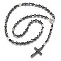 Collier en acier inoxydable noir givré avec perles et pendentif croix en pierre volcanique œil de tigre jaune, style sportif