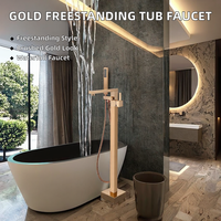 Robinet de bain sur pied en laiton avec douchette cascade et pluie, finition or brossé, monocommande