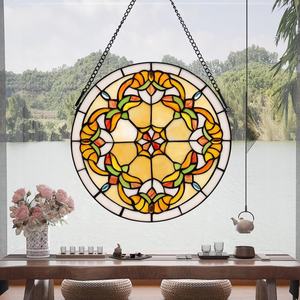 Panneau de fenêtre en verre Tiffany massif de 12 pouces, moderne, abstrait, fait main, plaqué or, écologique, avec crochet à chaîne pour salon - Product Image 4