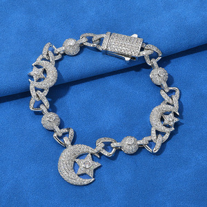 Factory Custom Fine Jewelry Hip Hop 10mm Moon Star 925 Sterling Silver Bracelet Moissanite Luxury Women <b>Men</b> Chain Link Bracelets - Product Image 1