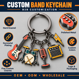 Porte-clés en métal émaillé personnalisé avec plusieurs breloques, thème groupe de musique en direct, couleur bronze, souvenir musical, fabrication OEM ODM - Product Image 4