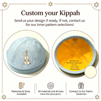 Kippa en lin bleu clair brodée motif violon personnalisé avec impression de texte intérieur pour la cérémonie de Bat Mitzvah – Fourniture souvenir