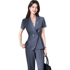 Women's Short Sleeve <b>Blazer</b> Suit <b>Set</b> Breathable Worsted Wide Leg Pants Office Lady Work Uniform - Product Image 4