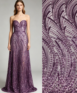 Tessuto in Tulle con Motivo a Onde <span class=keywords><strong>di</strong></span> Piume Viola <span class=keywords><strong>di</strong></span> Lusso e Ricami <span class=keywords><strong>di</strong></span> Paillettes, Disponibile in Diversi Colori <span class=keywords><strong>per</strong></span> Abiti da Cerimonia Femminili - Product Image 1