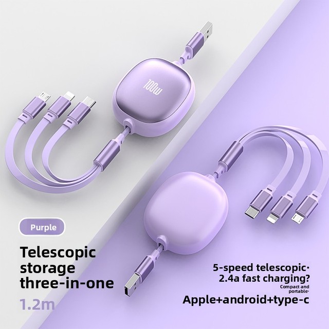 Purple Telescopic Type-C to Micro USB 3A Fast Charging Cable with TPE Jacket for Android & Computer One-to-Three Ports