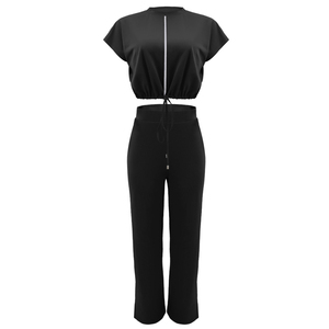 Completo da <span class=keywords><strong>donna</strong></span> 2026 estivo con top corto con coulisse, t-shirt <span class=keywords><strong>a</strong></span> vita alta con cerniera e pantaloni, set due pezzi casual alla moda - Product Image 4