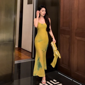 Women's Chiffon Slip Dress Set Blue Yellow Color Blocking Full Sleeve Breathable Summer Two Piece Elegant Fishtail Style - Product Image 4