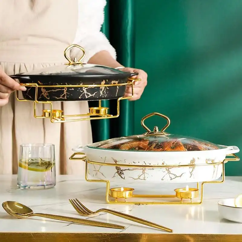 Plato de frotamiento de cerámica de lujo para fiesta de boda, calentador de comida redondo para servir comida usada