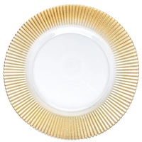 Vente en gros Assiette de présentation en verre à rayures de 13 pouces Table ronde personnalisée Assiette de présentation décorative en verre de corail à bordure argentée et dorée pour la fête