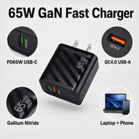 Chargeur rapide GaN 65W avec logo personnalisé, type-C, PD, adaptateur mural à charge rapide, prise pliable pour téléphone universel OEM