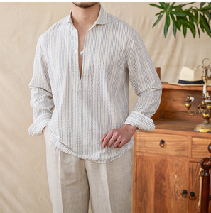 <span class=keywords><strong>Camicia</strong></span> Estiva da Uomo 100% Cotone a Righe <span class=keywords><strong>Seersucker</strong></span> Giovanile Casual Traspirante Comoda per Vacanze Maniche Lunghe - Product Image 3