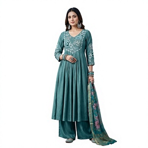 Salwar Kameez Dupatta pour femmes, brodé de motifs géométriques, vêtements traditionnels indiens et pakistanais, tenue décontractée mi-longue en viscose, ethnique - Product Image 1