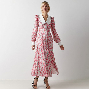 Abito Lungo Vintage Elegante Stile Designer con Stampa, Colletto <span class=keywords><strong>Peter</strong></span> Pan, Vita Alta e Vestibilità Slim - Novità - Product Image 2