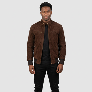 Unisex Brown <b>Suede</b> Waterproof Bomber <b>Jacket</b> Stand Collar Zipper Closure Casual Slim Fit Autumn Style Regular Sleeve Solid Front - Product Image 1