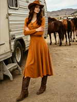 Robe midi extensible unie à col en V et manches longues boutonnées pour femme grande taille, style western cowboy, taille haute et effet ventre plat