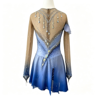 Robe de patinage artistique à manches longues dégradé bleu, dos ouvert, avec strass et sequins sur la jupe, pour enfants