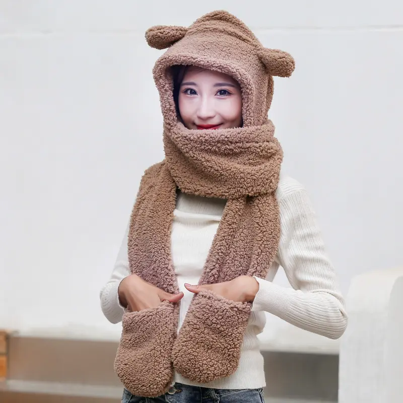 Agneau Cachemire Hiver Echarpe Bonnet Echarpe Ours Mignon Polaire Chaud Protection des Oreilles Fashionable Women Kids Fur Hat Scarf Gloves Set