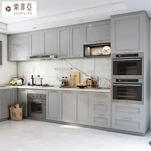 Современная кухонная мебель МДФ, ПВХ кухонные шкафы, дизайнерские китайские производители, матовая серая лакированная кухня