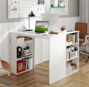 <span class=keywords><strong>Escritorio</strong></span> <span class=keywords><strong>Pequeño</strong></span> Blanco con Estantería de 3 Niveles, Mesa de Oficina Moderna y <span class=keywords><strong>Minimalista</strong></span> de Madera para Espacios Pequeños, Estudio, Sala de Estar, Dormitorio - Product Image 2