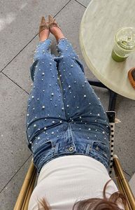 Jeans da Donna con Lavaggio Acido e Doppia Vita con Perle, Gamba Larga, Stile Dritto e Comodo, in Cotone 14OZ, Jeans Slim Baggy da Donna - Product Image 2