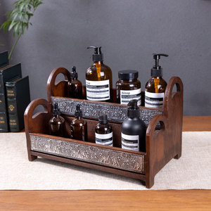 Boîte de rangement cosmétique en bois massif, double couche, design rétro, pour salle de bain, bureau, organisateur de maquillage avec incrustation métallique - Product Image 1