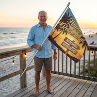 Drapeau décoratif personnalisé en polyester pour la célébration de la retraite, motif tropical coucher de soleil au bord de la mer et chaise de plage