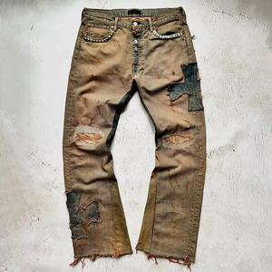 Men's High Quality Vintage <b>Jeans</b> Custom Mid Waist Straight Flat Distressed Wash Highstreet Breathable Zipper Fly for <b>Work</b>/Casual - Product Image 4